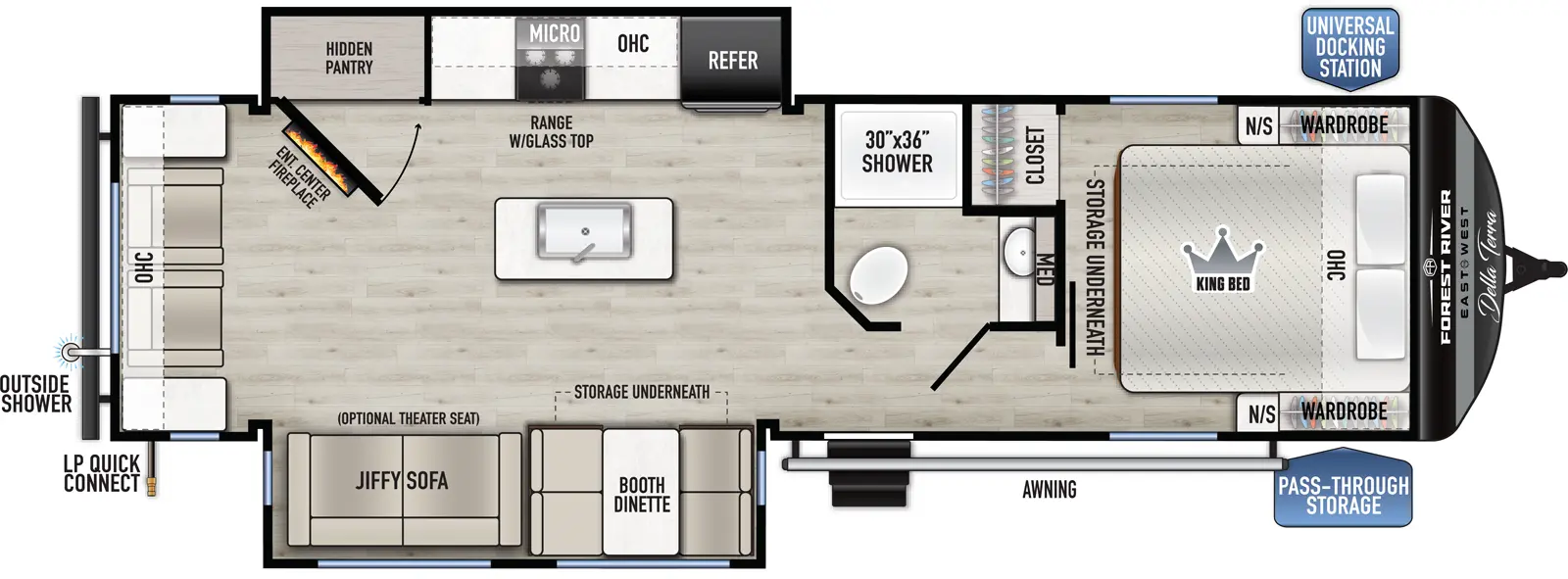 The Della Terra 272RL floorplan has one entry and two slide outs. Exterior features include: metal exterior. Interiors features include: kitchen island, front bedroom and rear living.